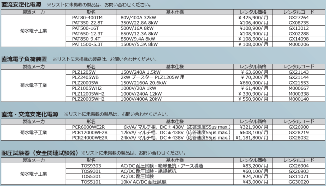レンタル可能製品一覧